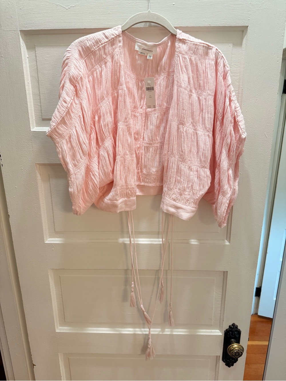 Anthropologie Pale Pink Crinkled Tie-Front Cardigan